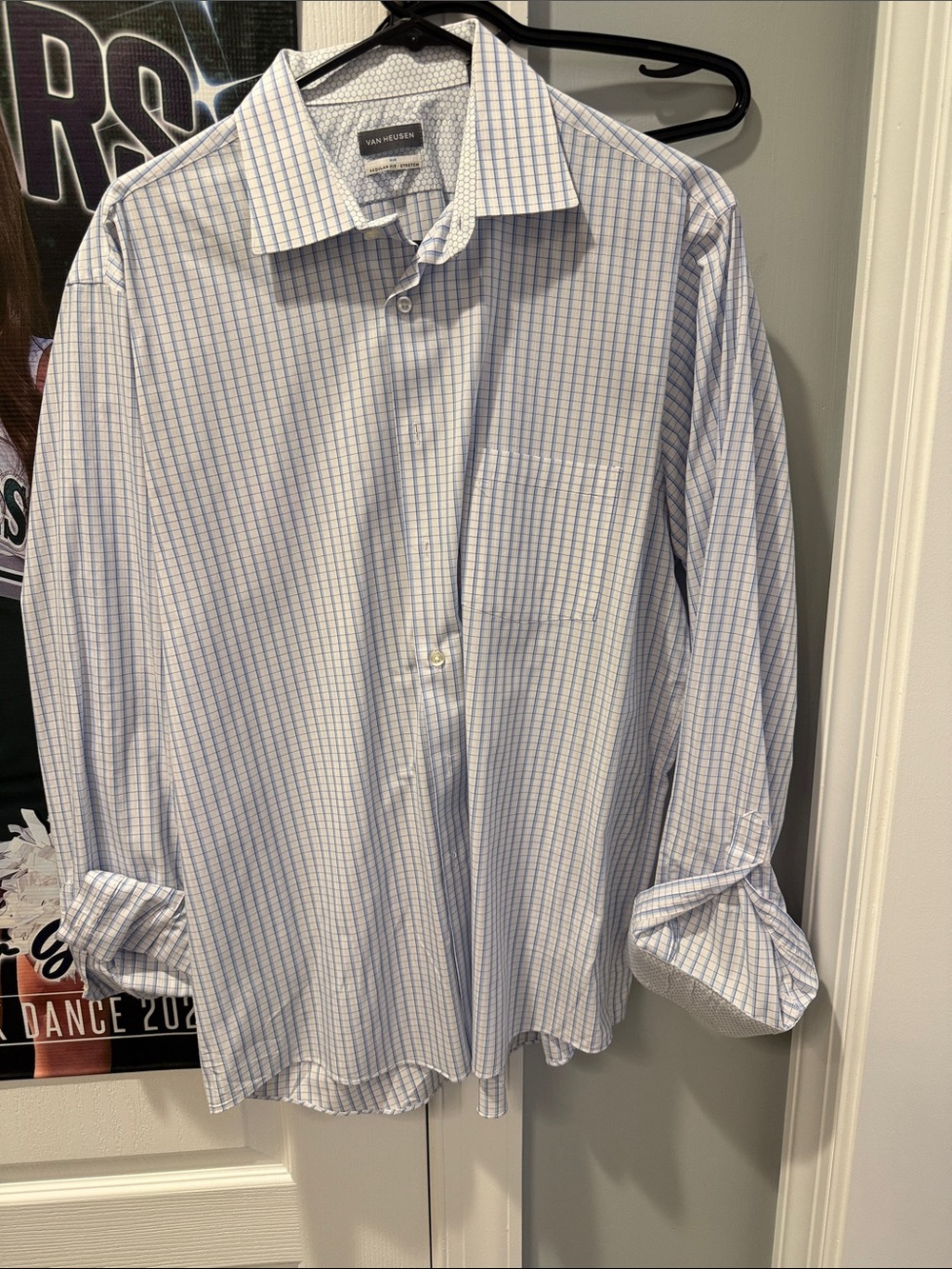 Van Heusen Men’s White Dress Shirt with Light Blue Windowpane